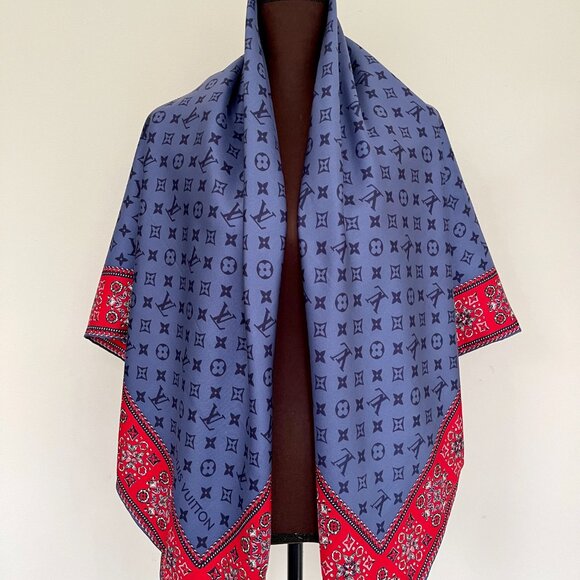 New Louis Vuitton Oversize Scarf Monogram Giant Blue Red Silk Wrap - Picture 6 of 16